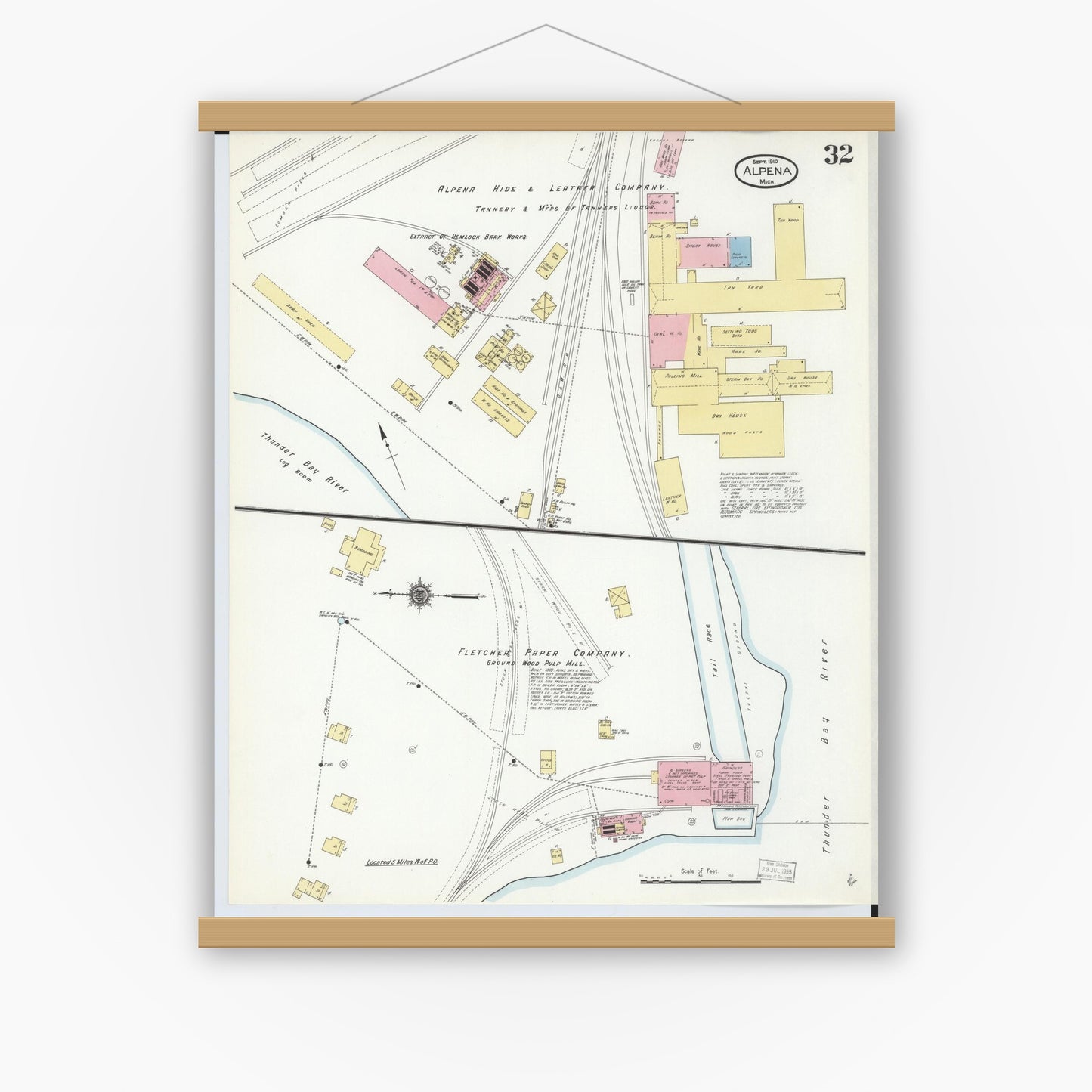 Old map wall art mockup — magnetic wood frame on white wall — Sanborn Fire Insurance Map from Alpena, Alpena County, Michigan (1910), Sheet #0032