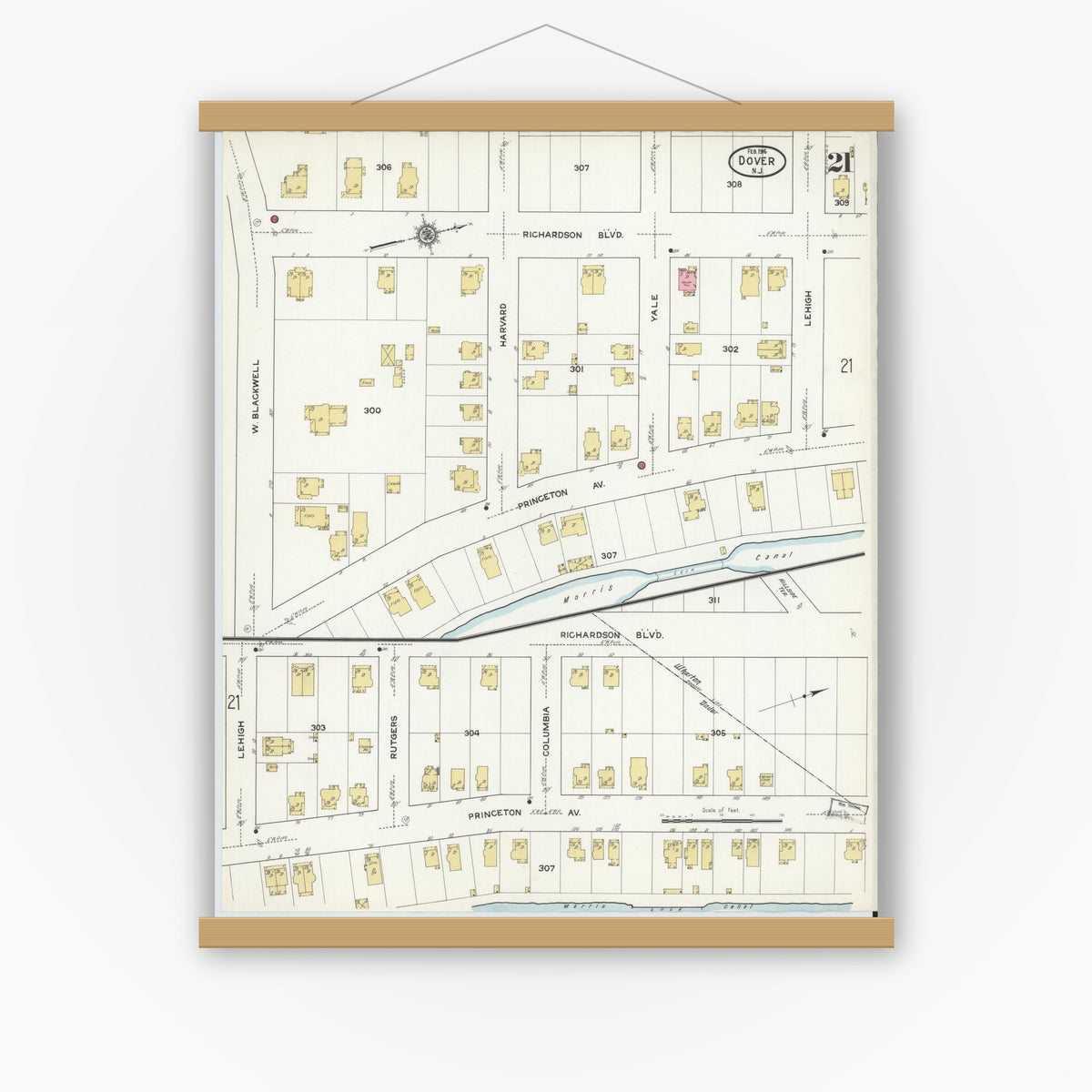 Old map wall art mockup — magnetic wood frame on white wall — Sanborn Fire Insurance Map from Dover, Morris County, New Jersey (1916), Sheet #0021