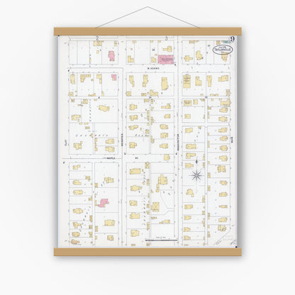 Old map wall art mockup — magnetic wood frame on white wall — Sanborn Fire Insurance Map from Taylorville, Christian County, Illinois (1899), Sheet #0009