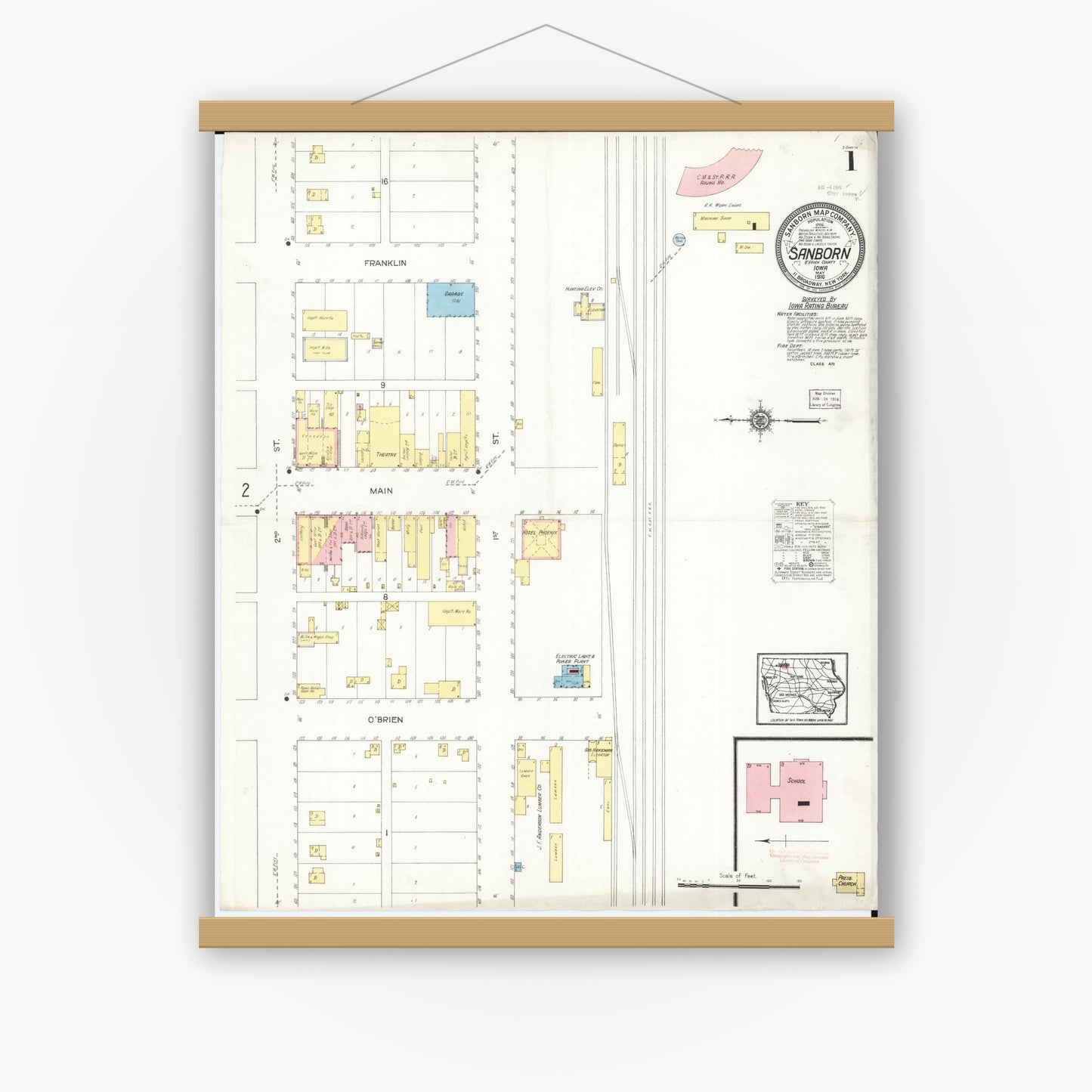 Old map wall art mockup — magnetic wood frame on white wall — Sanborn Fire Insurance Map from Sanborn, O'Brien County, Iowa (1916), Sheet #0001