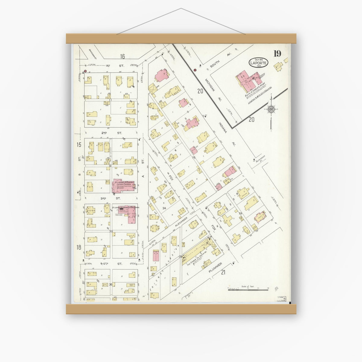 Old map wall art mockup — magnetic wood frame on white wall — Sanborn Fire Insurance Map from La Porte, La Porte County, Indiana (1912), Sheet #0019