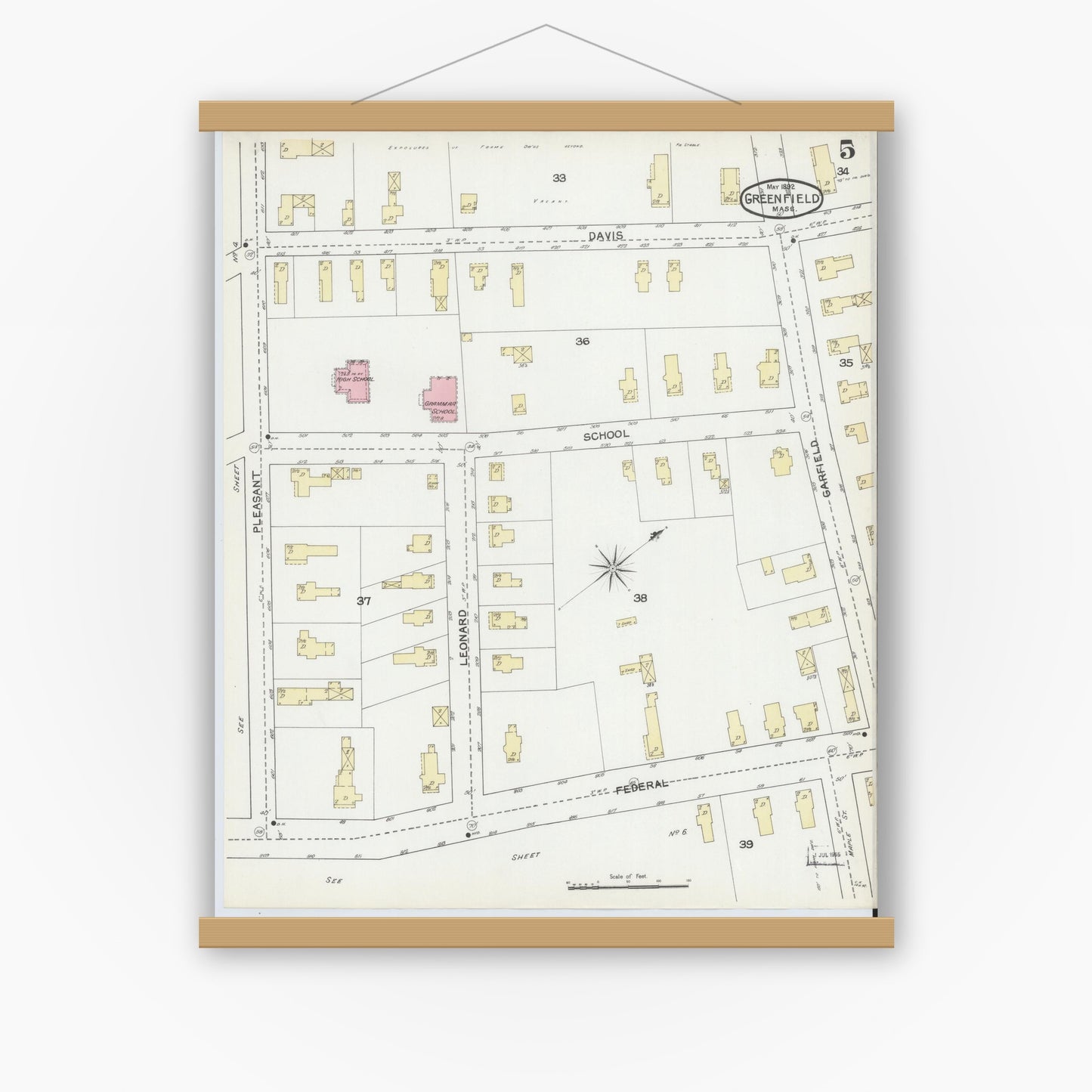 Old map wall art mockup — magnetic wood frame on white wall — Sanborn Fire Insurance Map from Greenfield, Franklin County, Massachusetts (1892), Sheet #0005