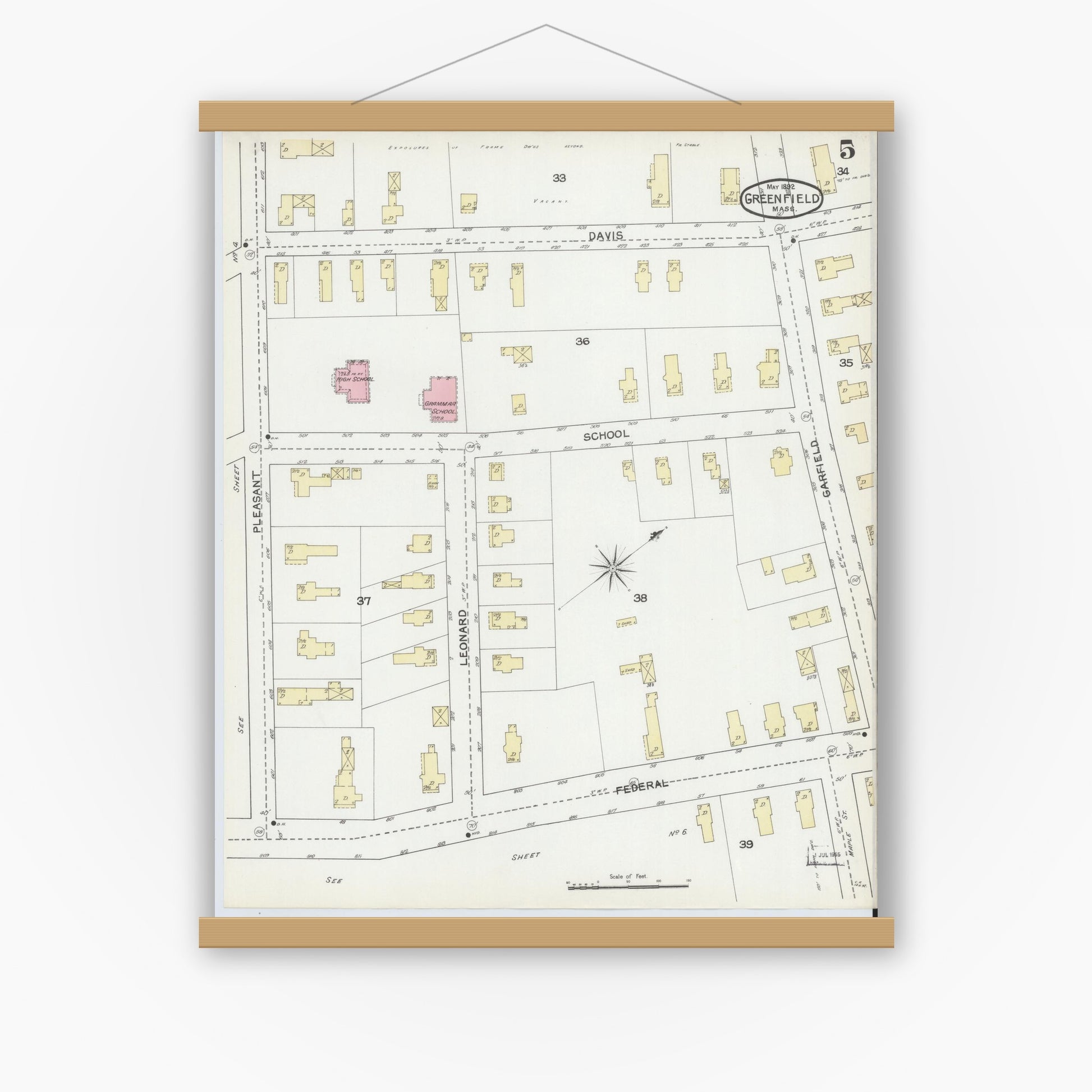 Old map wall art mockup — magnetic wood frame on white wall — Sanborn Fire Insurance Map from Greenfield, Franklin County, Massachusetts (1892), Sheet #0005