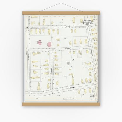 Old map wall art mockup — magnetic wood frame on white wall — Sanborn Fire Insurance Map from Greenfield, Franklin County, Massachusetts (1892), Sheet #0005