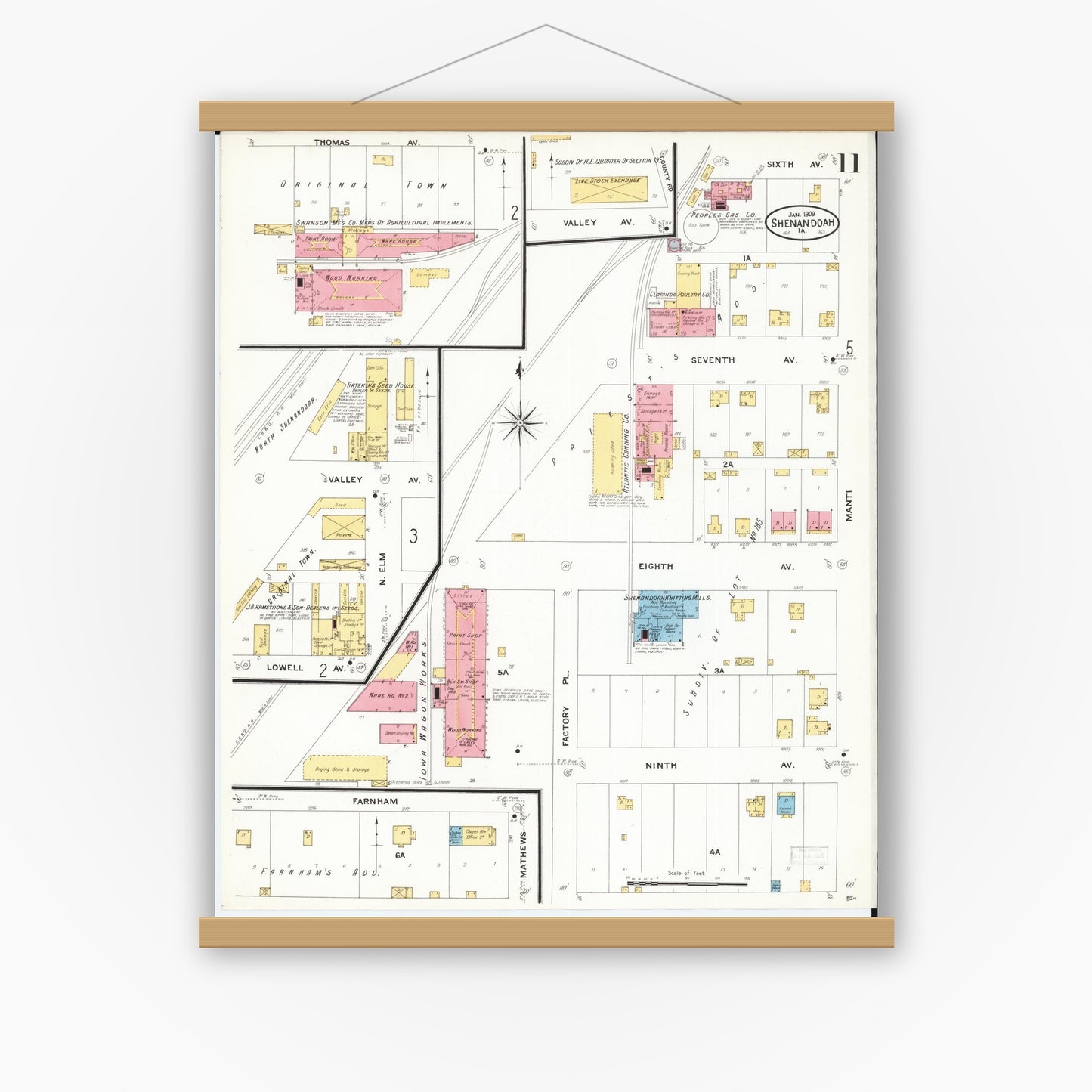 Old map wall art mockup — magnetic wood frame on white wall — Sanborn Fire Insurance Map from Shenandoah, Page County, Iowa (1909), Sheet #0011