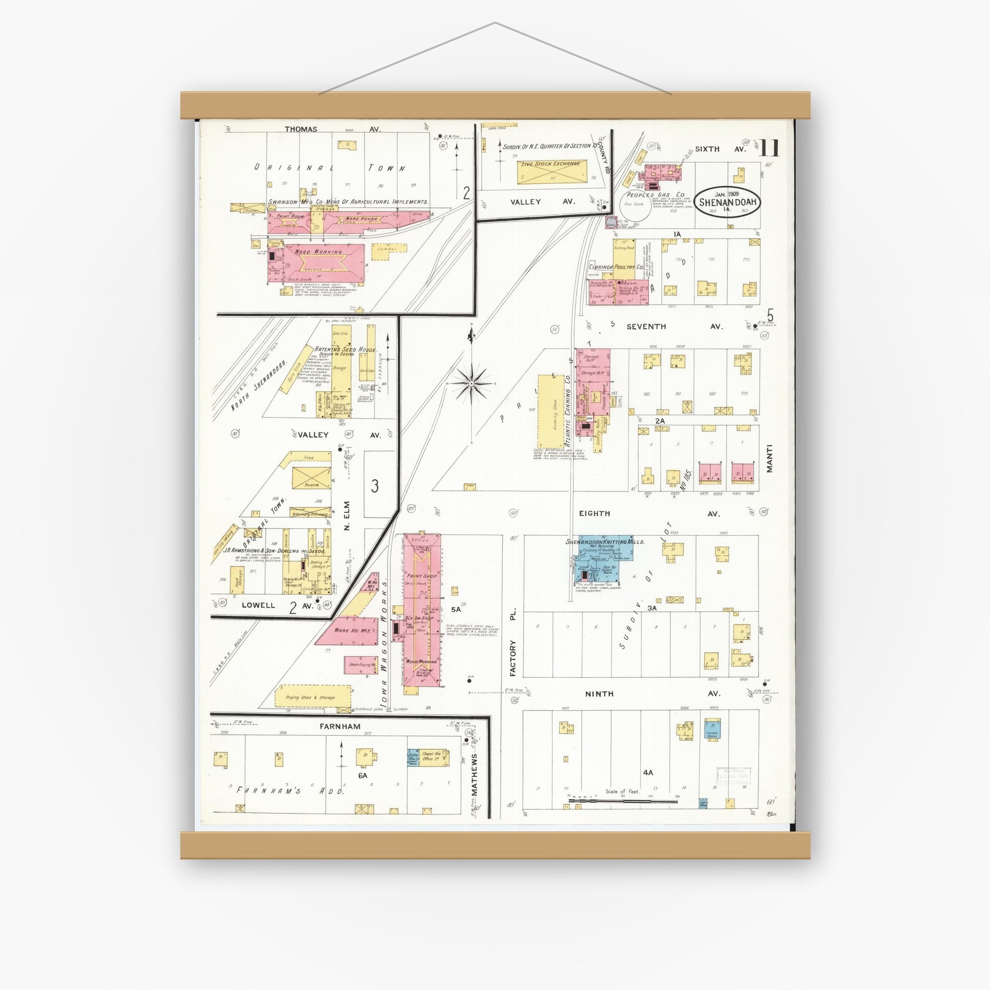 Old map wall art mockup — magnetic wood frame on white wall — Sanborn Fire Insurance Map from Shenandoah, Page County, Iowa (1909), Sheet #0011
