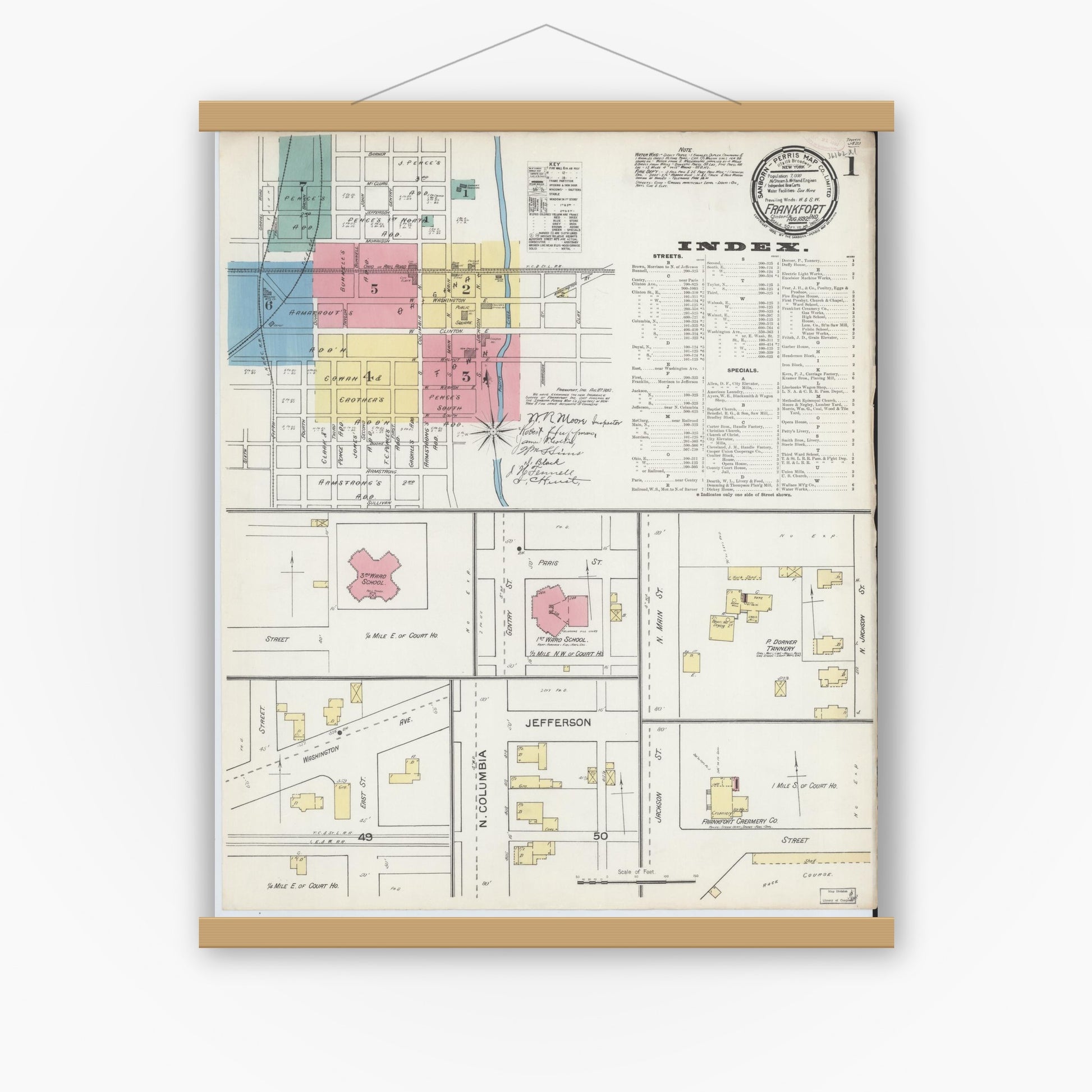 Old map wall art mockup — magnetic wood frame on white wall — Sanborn Fire Insurance Map from Frankfort, Clinton County, Indiana (1892) - Complete Map Set