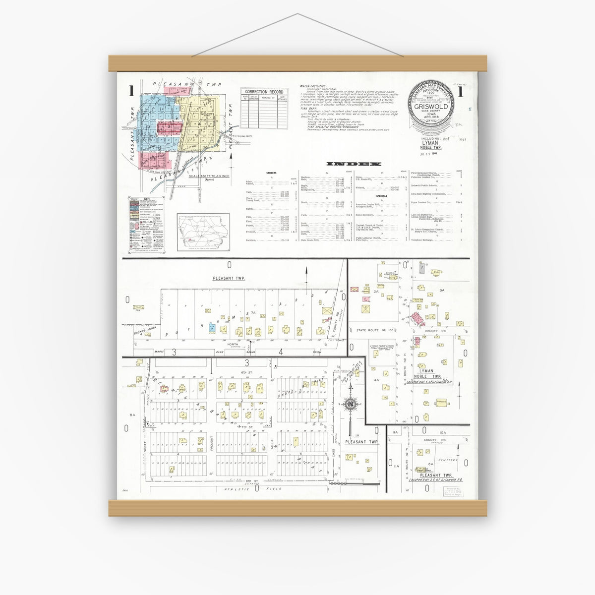 Old map wall art mockup — magnetic wood frame on white wall — Sanborn Fire Insurance Map from Griswold, Cass County, Iowa (1948), Sheet #0001