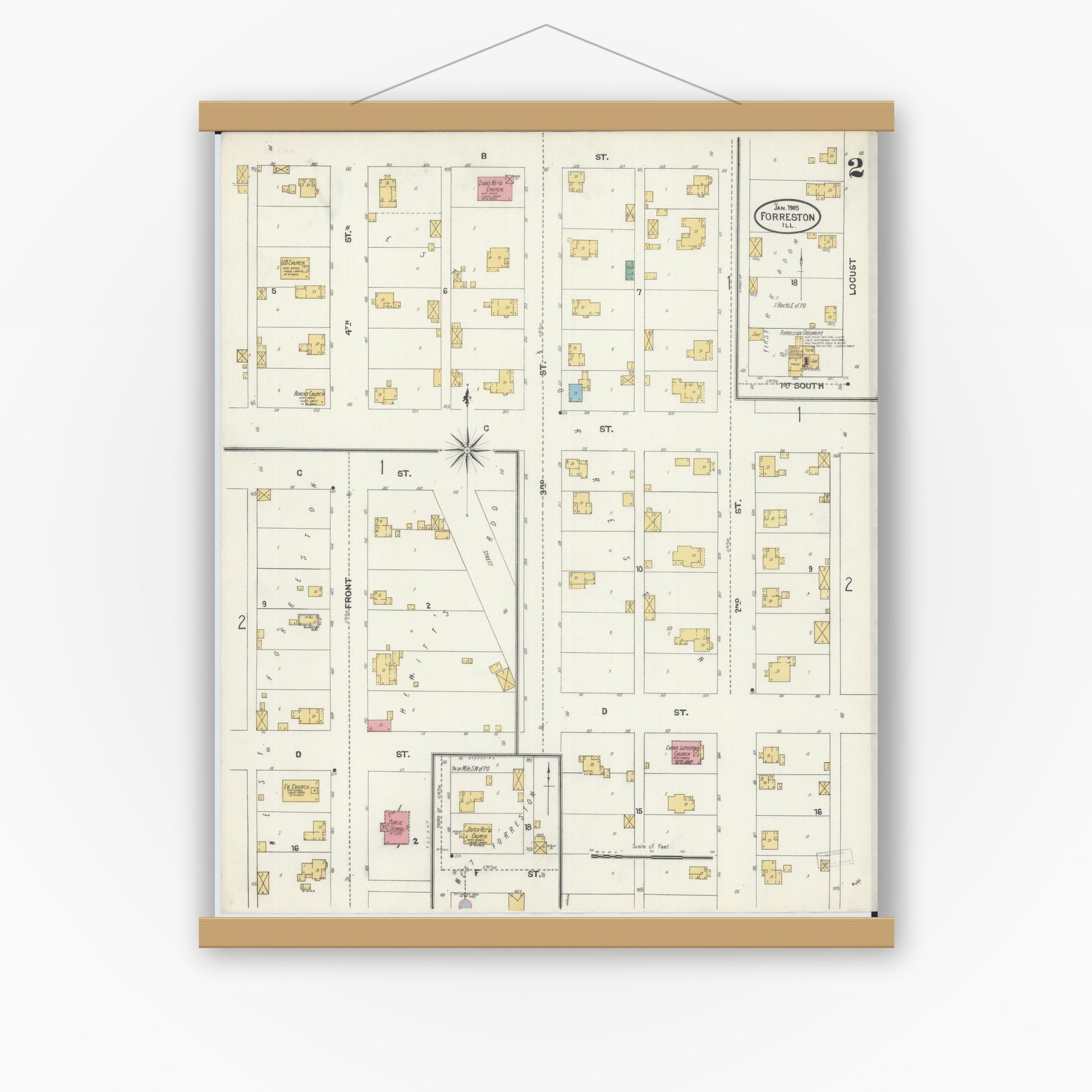 Old map wall art mockup — magnetic wood frame on white wall — Sanborn Fire Insurance Map from Forreston, Ogle County, Illinois (1905), Sheet #0002