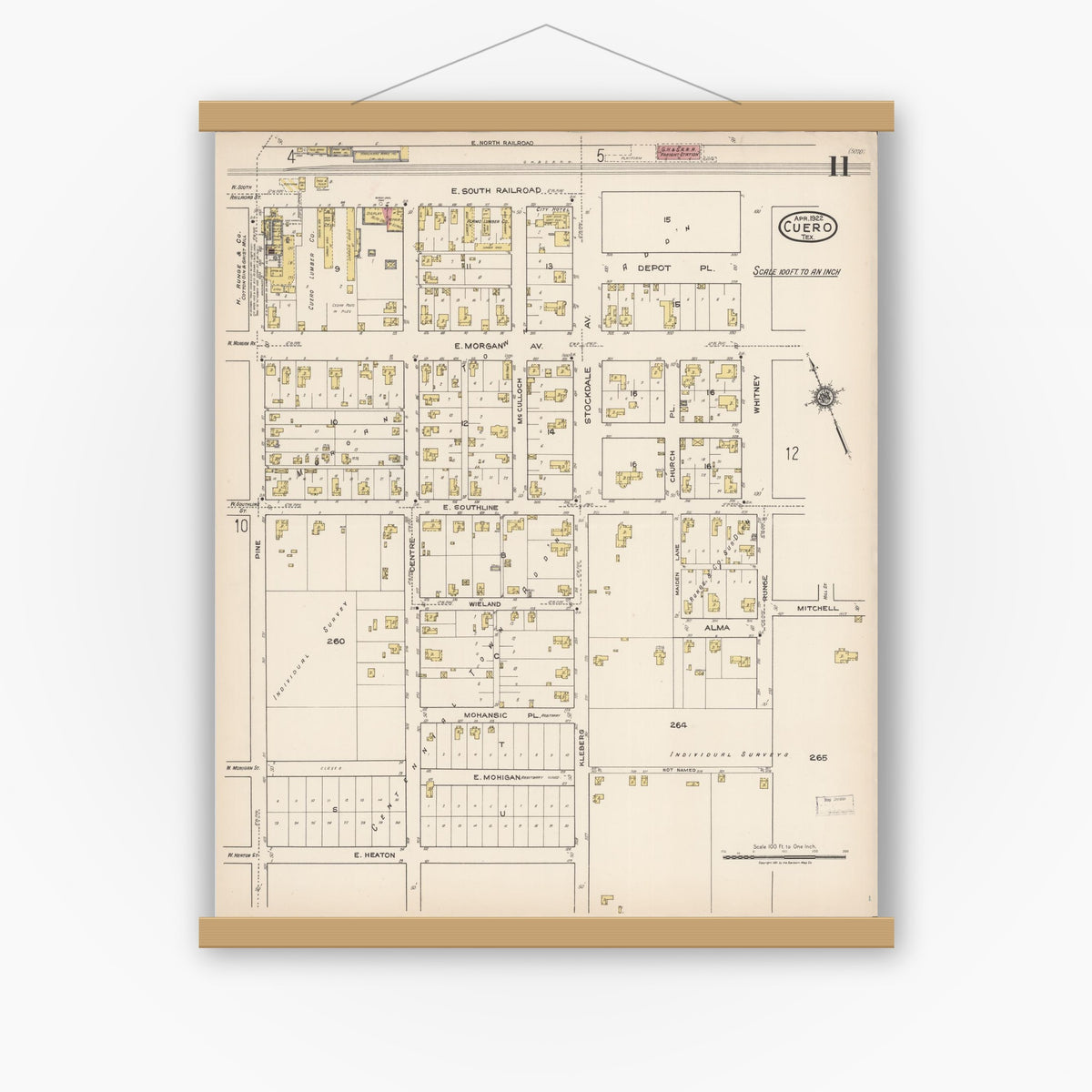 Old map wall art mockup — magnetic wood frame on white wall — Sanborn Fire Insurance Map from Cuero, De Witt County, Texas (1922), Sheet #0011