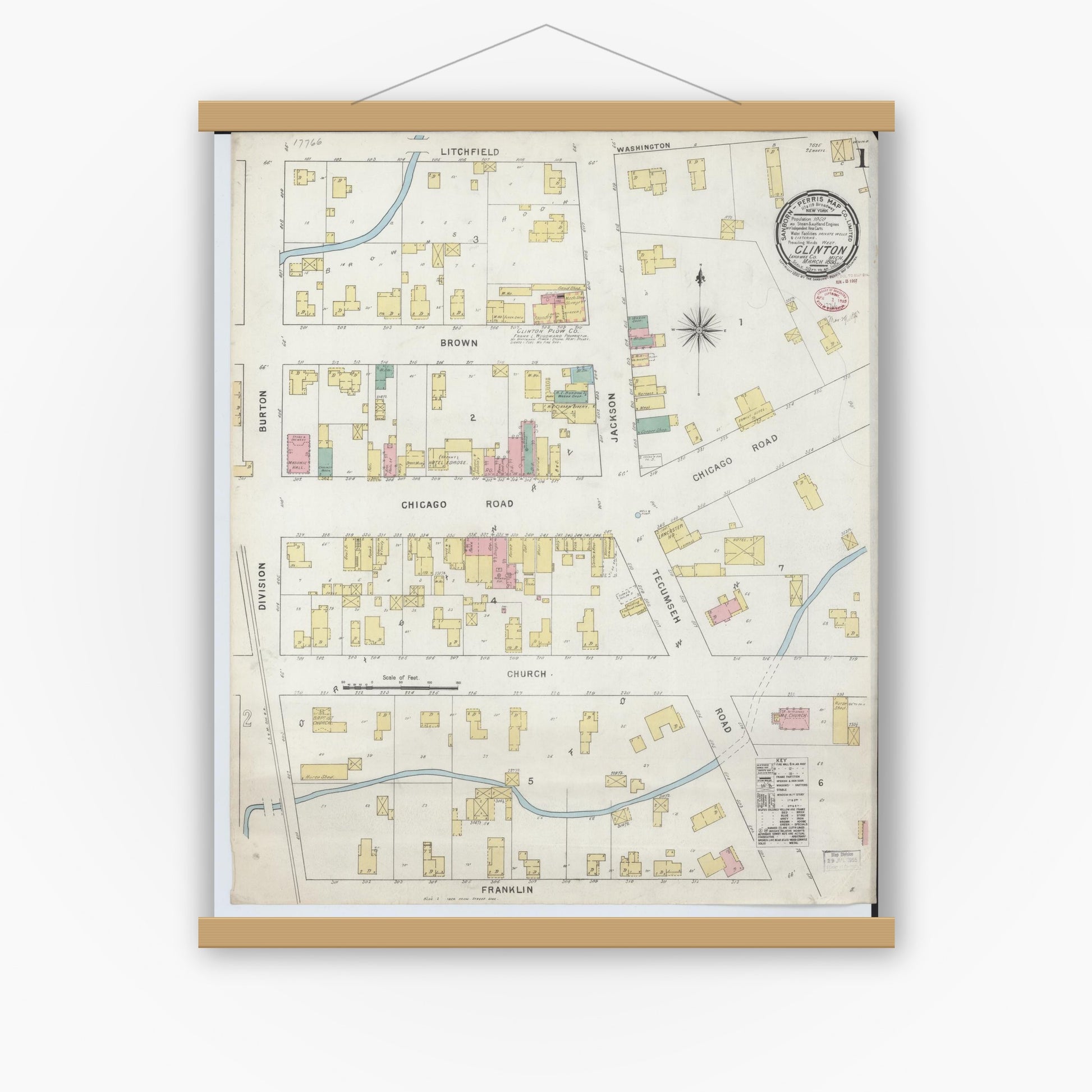 Old map wall art mockup — magnetic wood frame on white wall — Sanborn Fire Insurance Map from Clinton, Lenawee County, Michigan (1895), Sheet #0001