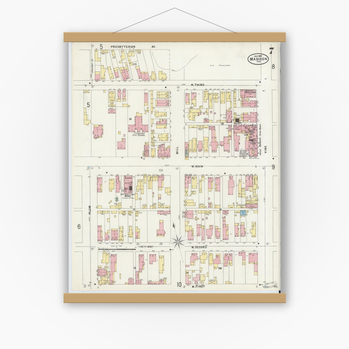 Old map wall art mockup — magnetic wood frame on white wall — Sanborn Fire Insurance Map from Madison, Jefferson County, Indiana (1897), Sheet #0007
