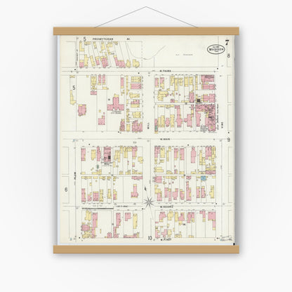 Old map wall art mockup — magnetic wood frame on white wall — Sanborn Fire Insurance Map from Madison, Jefferson County, Indiana (1897), Sheet #0007