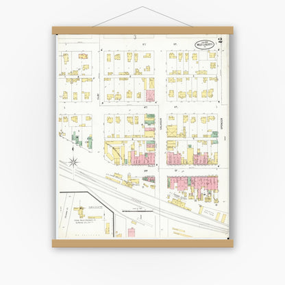 Old map wall art mockup — magnetic wood frame on white wall — Sanborn Fire Insurance Map from West Liberty, Muscatine County, Iowa (1899), Sheet #0002
