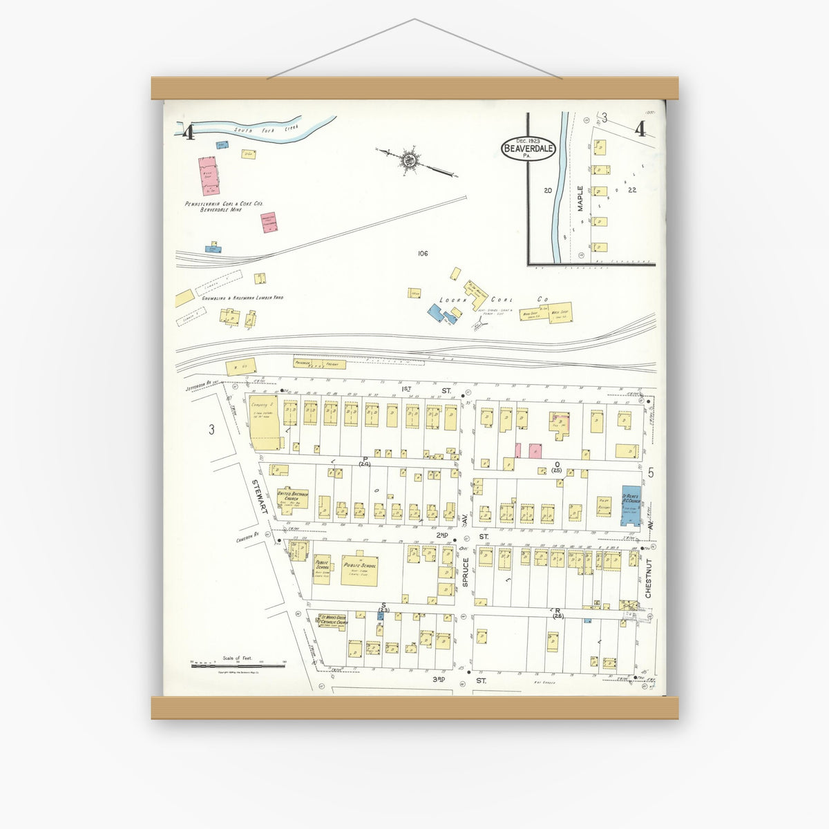Old map wall art mockup — magnetic wood frame on white wall — Sanborn Fire Insurance Map from Beaverdale, Cambria County, Pennsylvania (1923), Sheet #0004