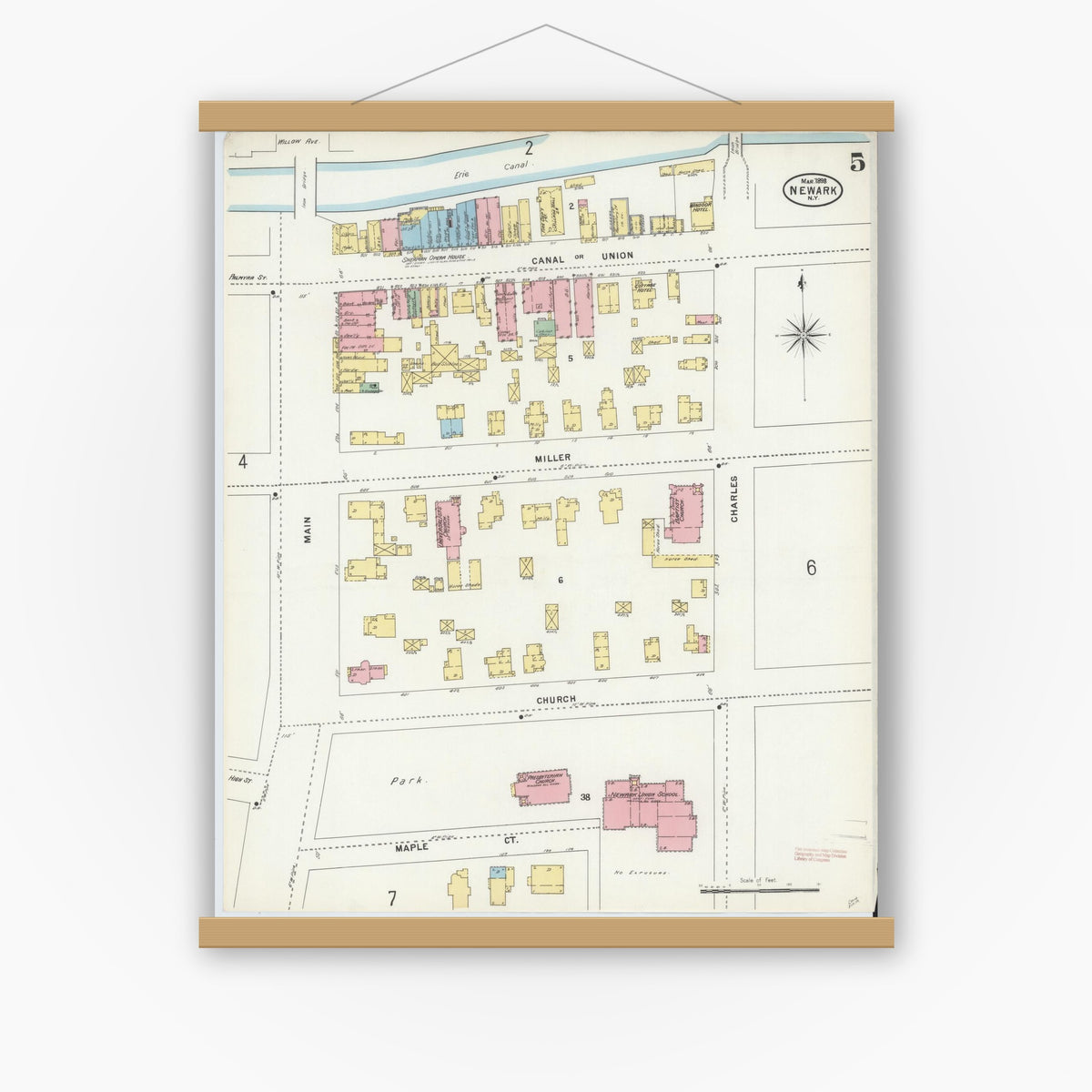 Old map wall art mockup — magnetic wood frame on white wall — Sanborn Fire Insurance Map from Newark, Wayne County, New York (1898), Sheet #0005