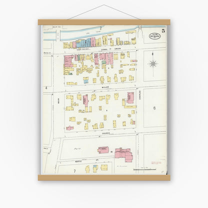 Old map wall art mockup — magnetic wood frame on white wall — Sanborn Fire Insurance Map from Newark, Wayne County, New York (1898), Sheet #0005