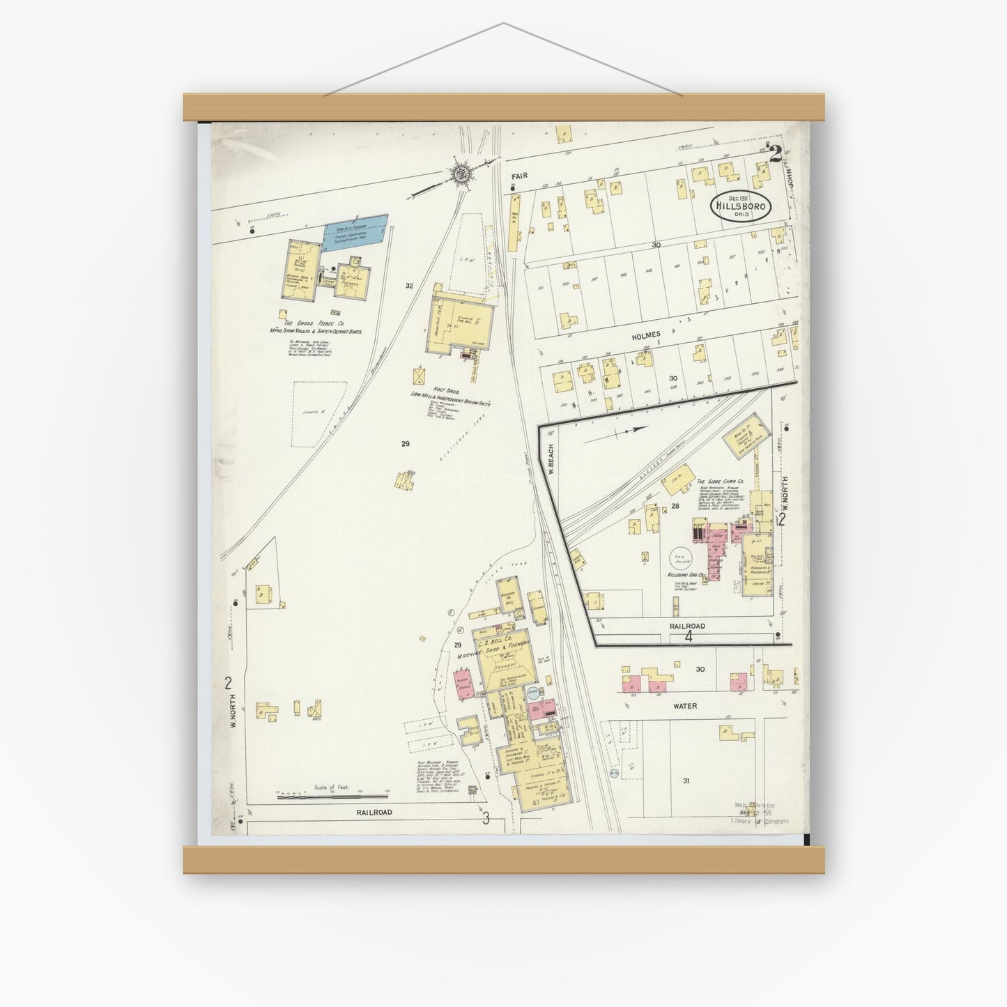 Old map wall art mockup — magnetic wood frame on white wall — Sanborn Fire Insurance Map from Hillsboro, Highland County, Ohio (1911), Sheet #0002