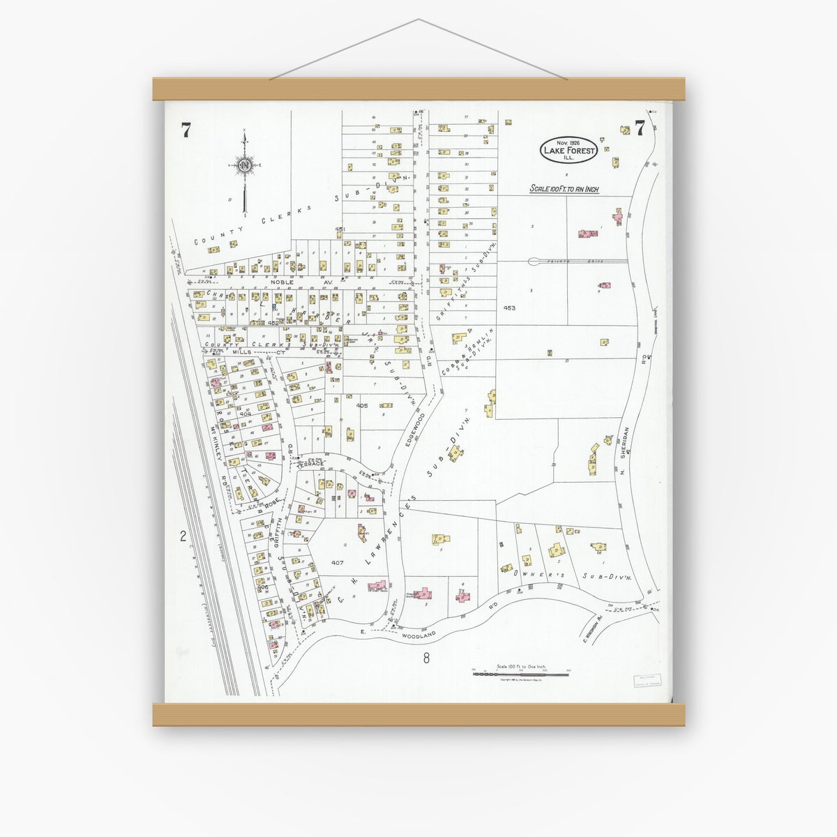 Old map wall art mockup — magnetic wood frame on white wall — Sanborn Fire Insurance Map from Lake Forest, Lake County, Illinois (1926), Sheet #0007