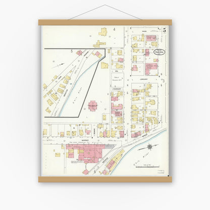 Old map wall art mockup — magnetic wood frame on white wall — Sanborn Fire Insurance Map from Aurora, Dearborn County, Indiana (1911), Sheet #0005