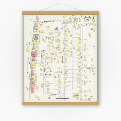 Old map wall art mockup — magnetic wood frame on white wall — Sanborn Fire Insurance Map from Marlborough, Middlesex County, Massachusetts (1901), Sheet #0011