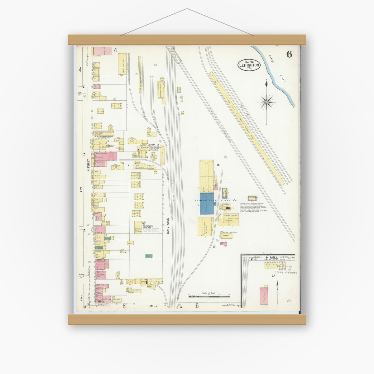 Old map wall art mockup — magnetic wood frame on white wall — Sanborn Fire Insurance Map from Lehighton, Carbon County, Pennsylvania (1908), Sheet #0006