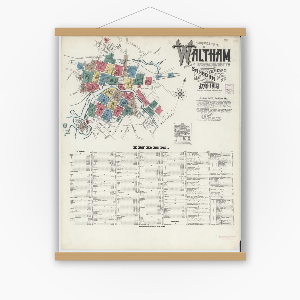 Old map wall art mockup — magnetic wood frame on white wall — Sanborn Fire Insurance Map from Waltham, Middlesex County, Massachusetts (1903) - Complete Map Set