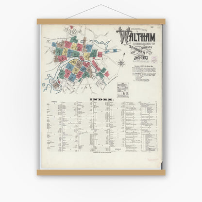 Old map wall art mockup — magnetic wood frame on white wall — Sanborn Fire Insurance Map from Waltham, Middlesex County, Massachusetts (1903) - Complete Map Set