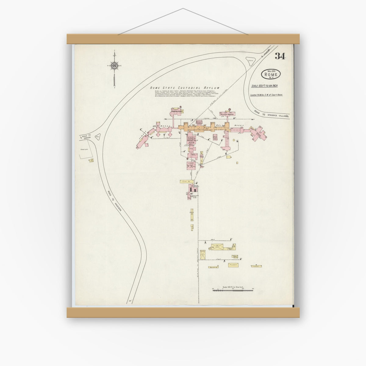 Old map wall art mockup — magnetic wood frame on white wall — Sanborn Fire Insurance Map from Rome, Oneida County, New York (1914), Sheet #0034