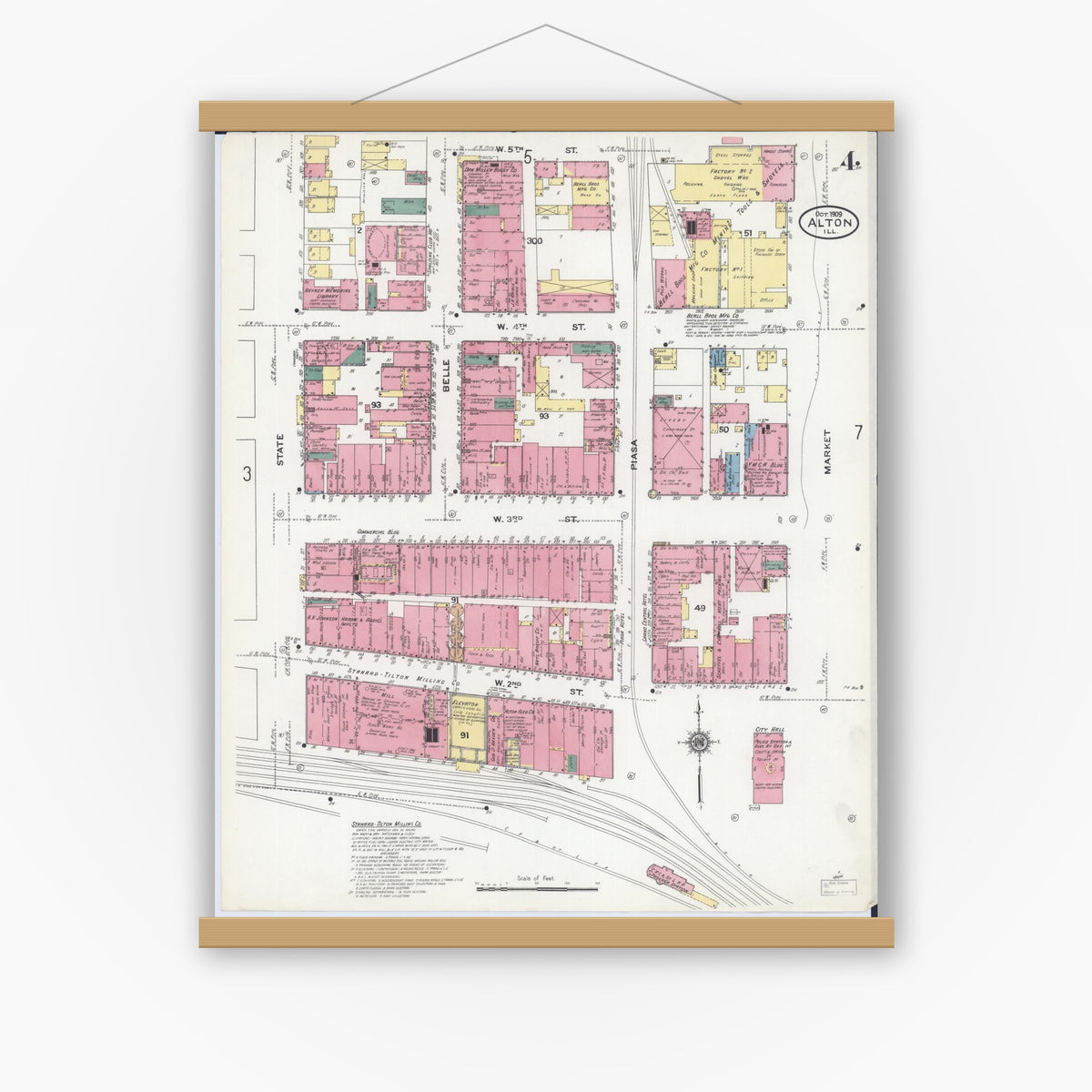 Old map wall art mockup — magnetic wood frame on white wall — Sanborn Fire Insurance Map from Alton, Madison County, Illinois (1909), Sheet #0004