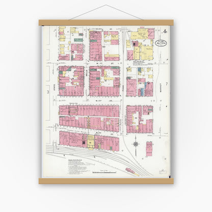 Old map wall art mockup — magnetic wood frame on white wall — Sanborn Fire Insurance Map from Alton, Madison County, Illinois (1909), Sheet #0004