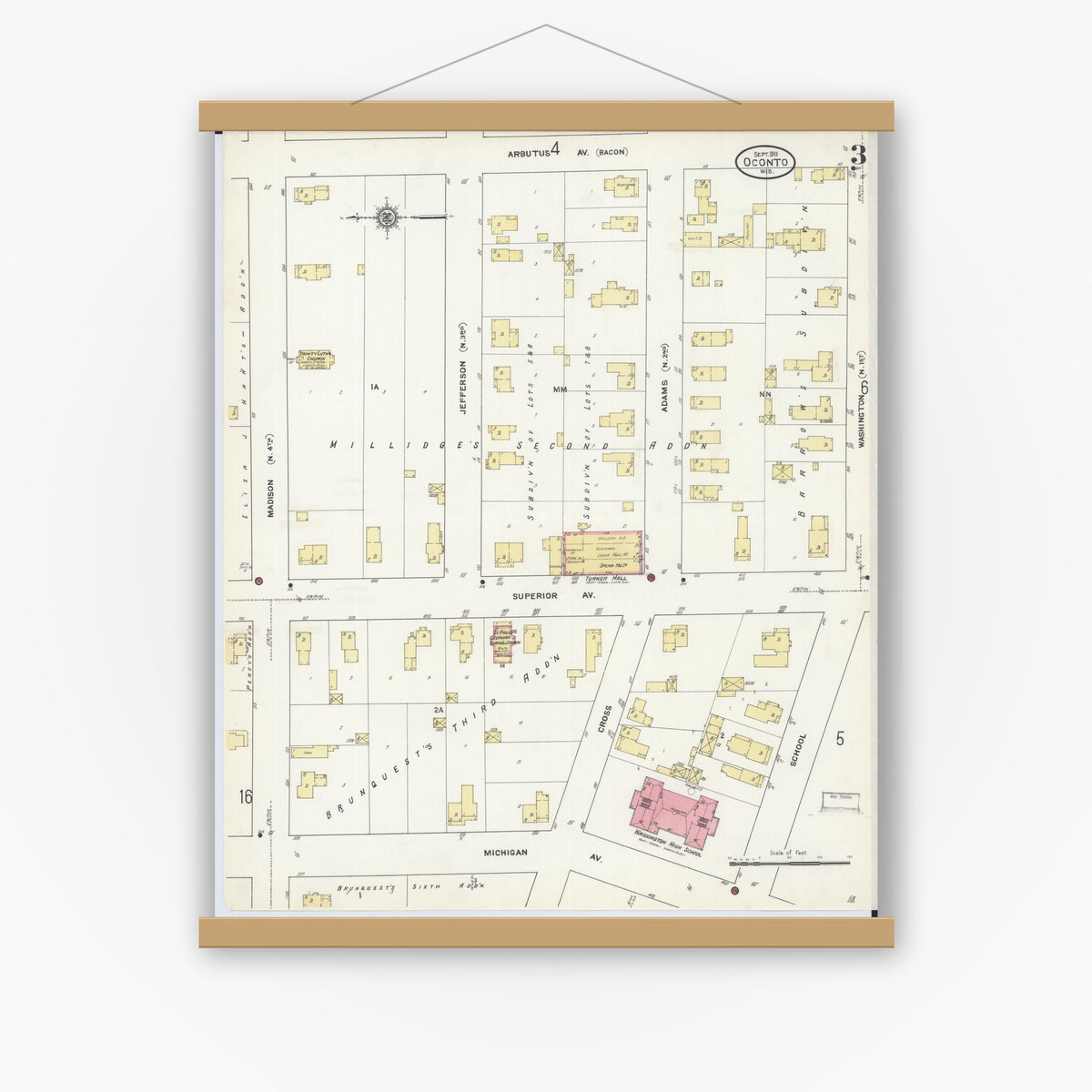 Old map wall art mockup — magnetic wood frame on white wall — Sanborn Fire Insurance Map from Oconto, Oconto County, Wisconsin (1911), Sheet #0003