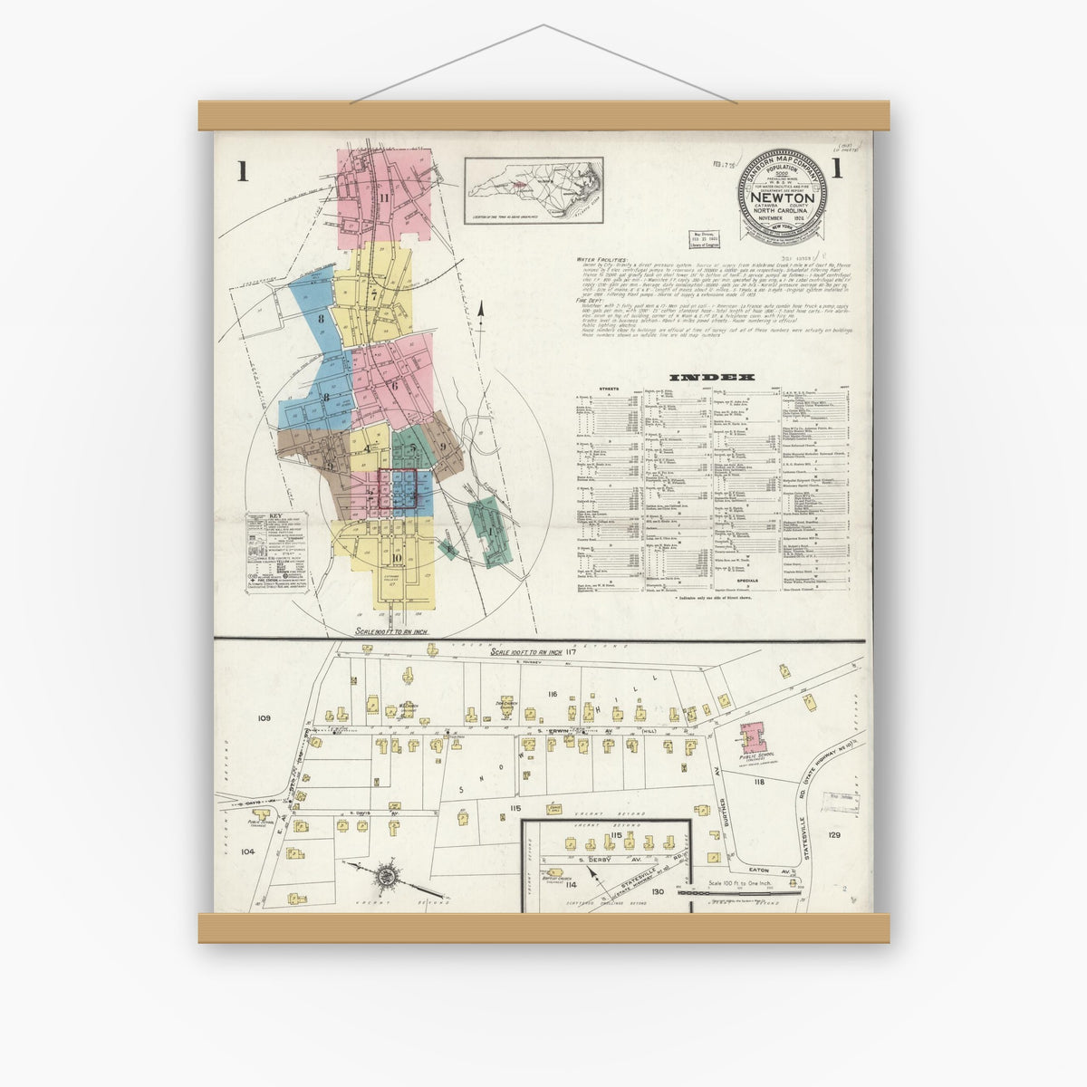 Old map wall art mockup — magnetic wood frame on white wall — Sanborn Fire Insurance Map from Newton, Catawba County, North Carolina (1924), Sheet #0001