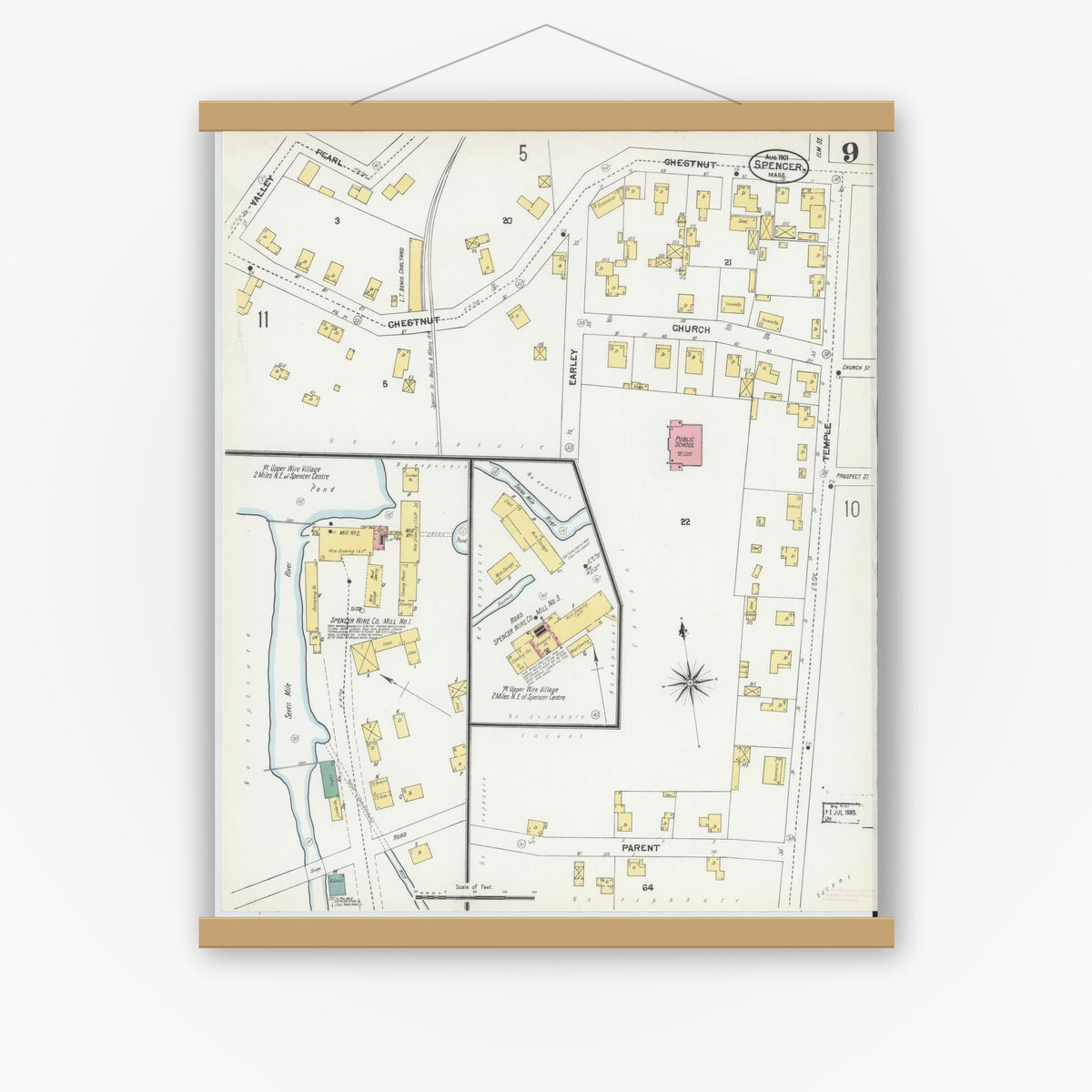 Old map wall art mockup — magnetic wood frame on white wall — Sanborn Fire Insurance Map from Spencer, Worcester County, Massachusetts (1901), Sheet #0009