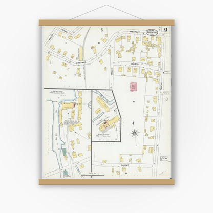 Old map wall art mockup — magnetic wood frame on white wall — Sanborn Fire Insurance Map from Spencer, Worcester County, Massachusetts (1901), Sheet #0009