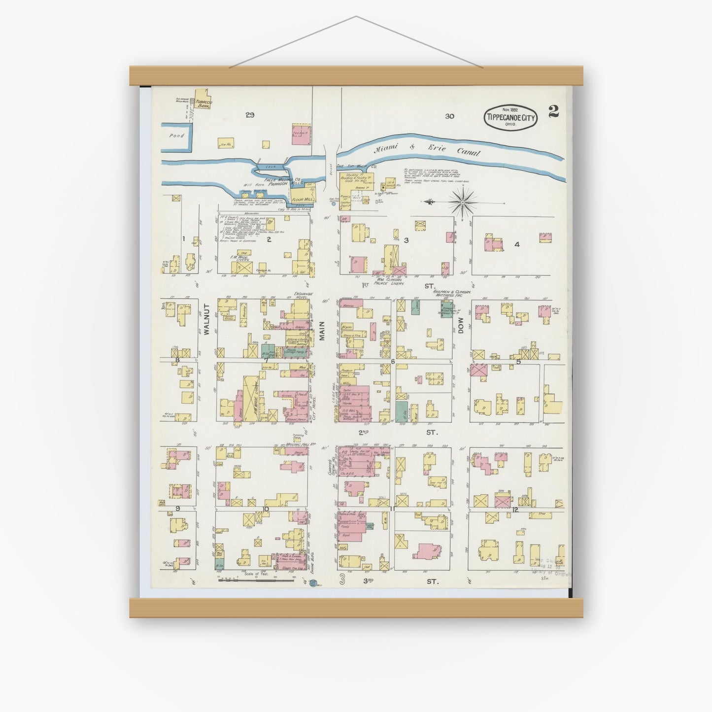 Old map wall art mockup — magnetic wood frame on white wall — Sanborn Fire Insurance Map from Tipp City, Miami County, Ohio (1892), Sheet #0002