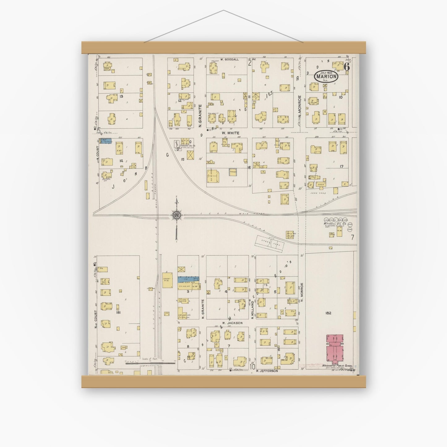 Old map wall art mockup — magnetic wood frame on white wall — Sanborn Fire Insurance Map from Marion, Williamson County, Illinois (1922), Sheet #0006