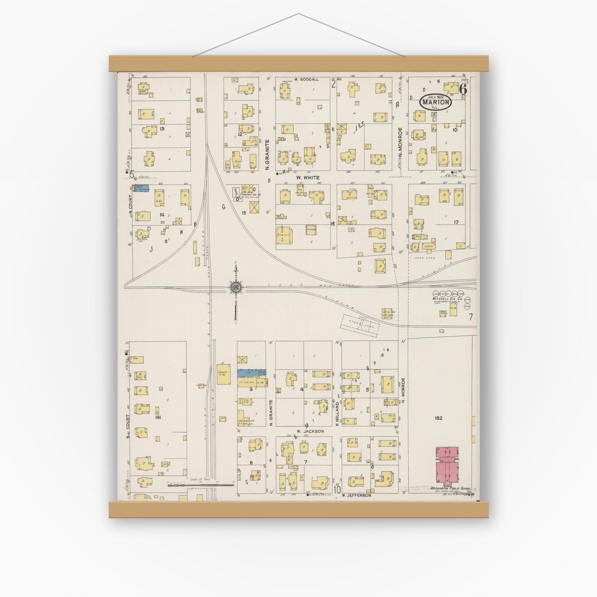 Old map wall art mockup — magnetic wood frame on white wall — Sanborn Fire Insurance Map from Marion, Williamson County, Illinois (1922), Sheet #0006