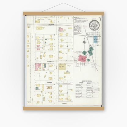 Old map wall art mockup — magnetic wood frame on white wall — Sanborn Fire Insurance Map from Plymouth, Wayne County, Michigan (1909), Sheet #0001