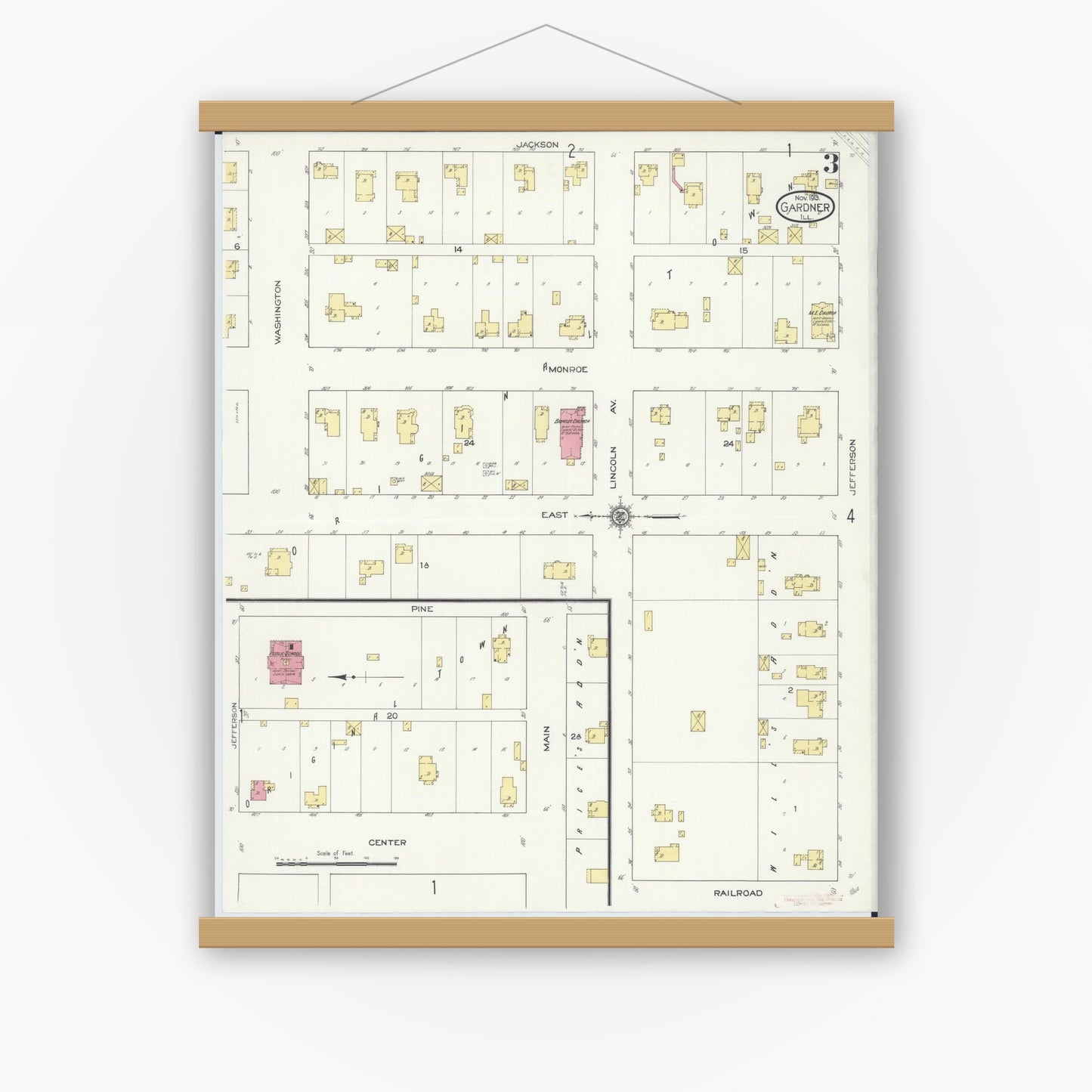Old map wall art mockup — magnetic wood frame on white wall — Sanborn Fire Insurance Map from Gardner, Grundy County, Illinois (1913), Sheet #0003