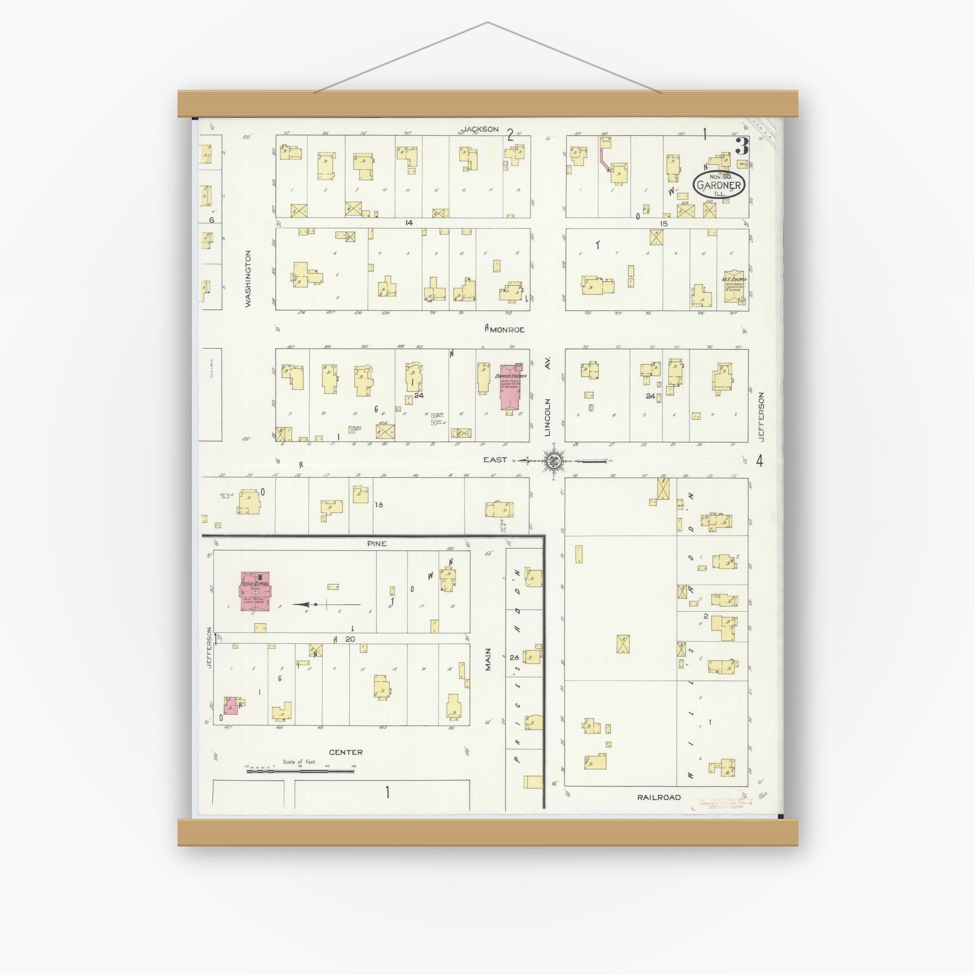 Old map wall art mockup — magnetic wood frame on white wall — Sanborn Fire Insurance Map from Gardner, Grundy County, Illinois (1913), Sheet #0003