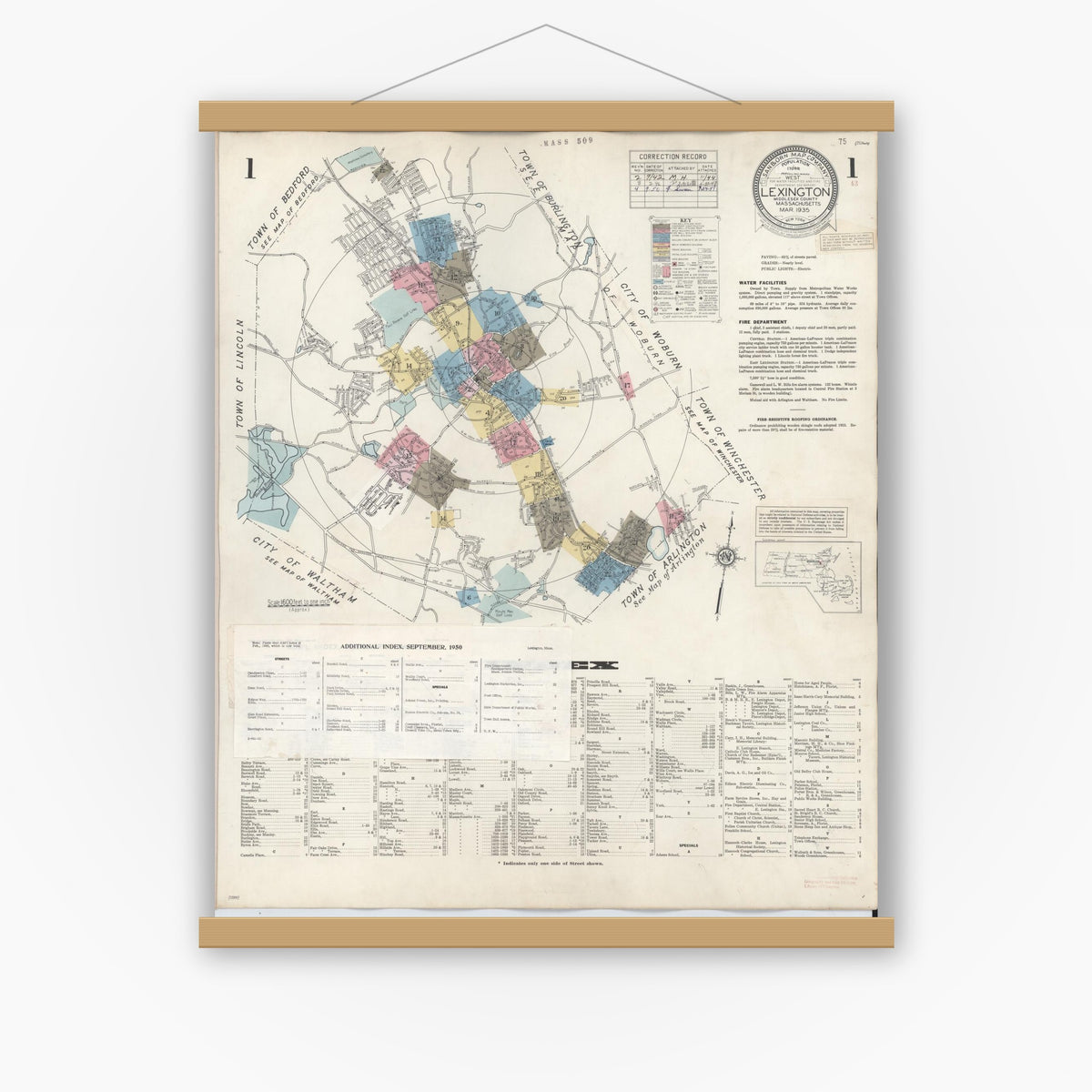 Old map wall art mockup — magnetic wood frame on white wall — Sanborn Fire Insurance Map from Lexington, Middlesex County, Massachusetts (1950), Sheet #0001
