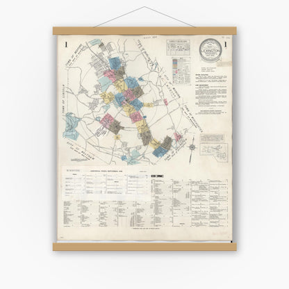 Old map wall art mockup — magnetic wood frame on white wall — Sanborn Fire Insurance Map from Lexington, Middlesex County, Massachusetts (1950), Sheet #0001