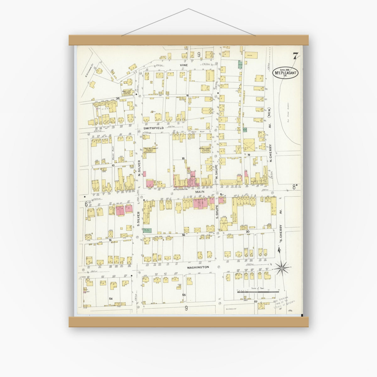 Old map wall art mockup — magnetic wood frame on white wall — Sanborn Fire Insurance Map from Mount Pleasant, Westmoreland County, Pennsylvania (1908), Sheet #0007