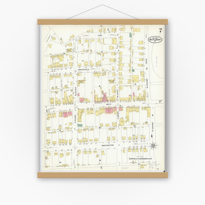 Old map wall art mockup — magnetic wood frame on white wall — Sanborn Fire Insurance Map from Mount Pleasant, Westmoreland County, Pennsylvania (1908), Sheet #0007
