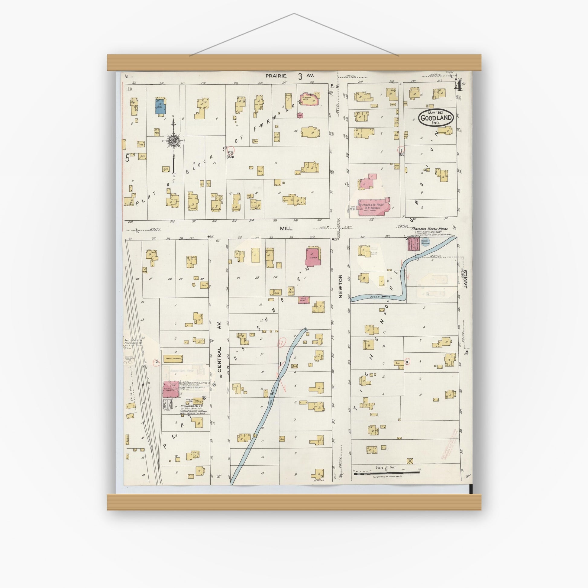 Old map wall art mockup — magnetic wood frame on white wall — Sanborn Fire Insurance Map from Goodland, Newton County, Indiana (1933), Sheet #0004