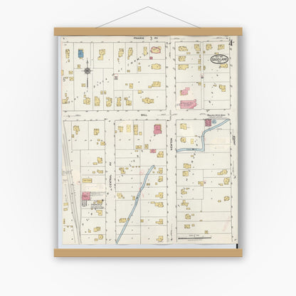 Old map wall art mockup — magnetic wood frame on white wall — Sanborn Fire Insurance Map from Goodland, Newton County, Indiana (1933), Sheet #0004