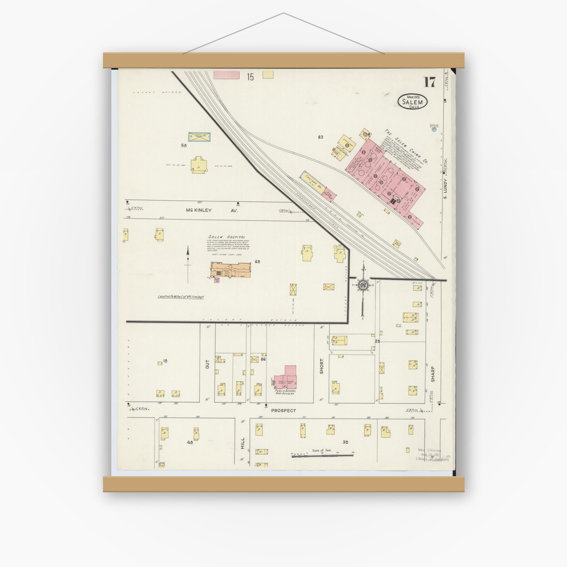 Old map wall art mockup — magnetic wood frame on white wall — Sanborn Fire Insurance Map from Salem, Columbiana County, Ohio (1915), Sheet #0017