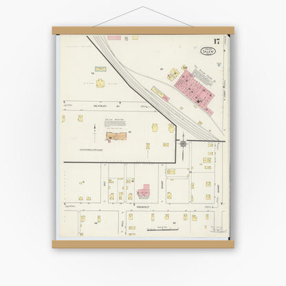 Old map wall art mockup — magnetic wood frame on white wall — Sanborn Fire Insurance Map from Salem, Columbiana County, Ohio (1915), Sheet #0017