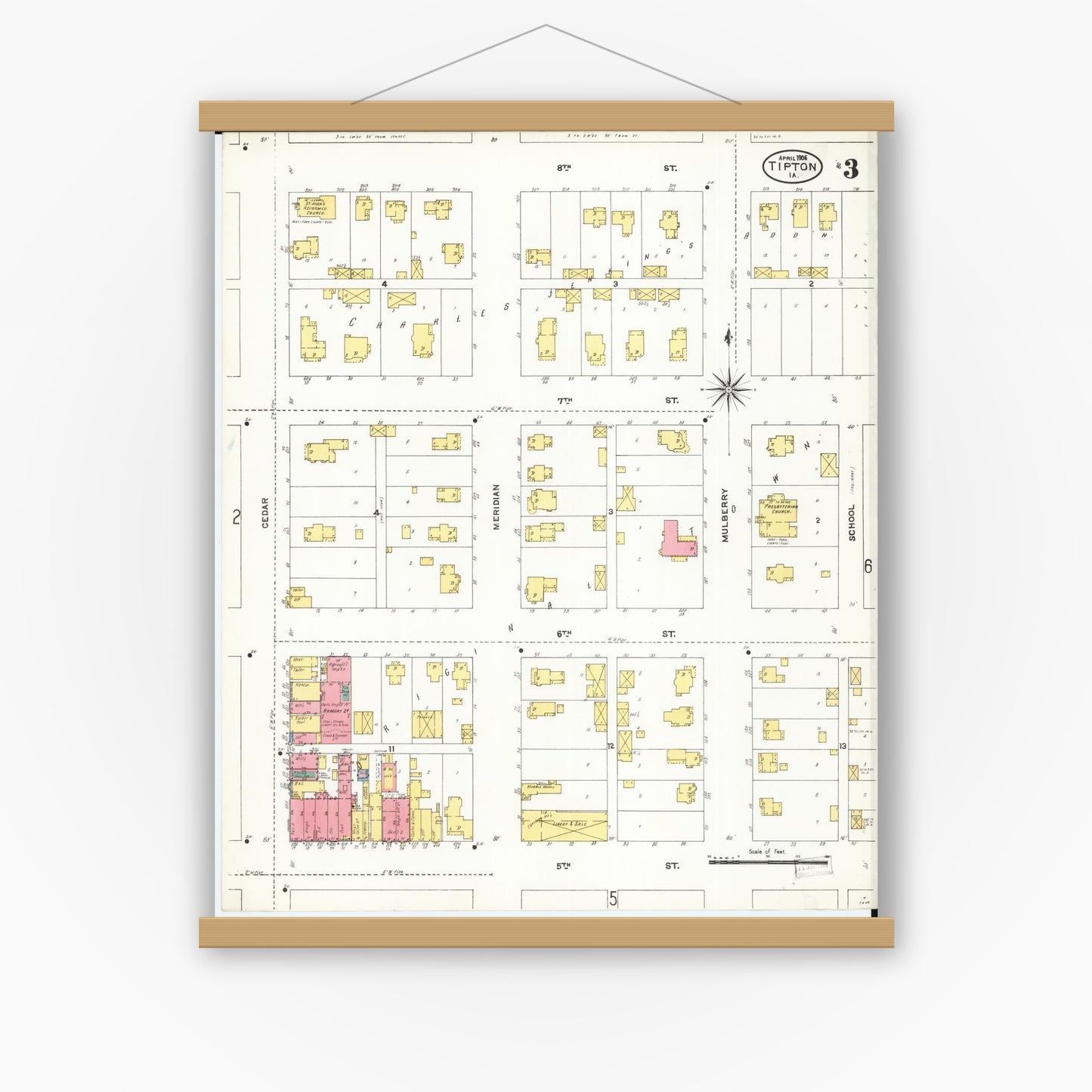 Old map wall art mockup — magnetic wood frame on white wall — Sanborn Fire Insurance Map from Tipton, Cedar County, Iowa (1906), Sheet #0003